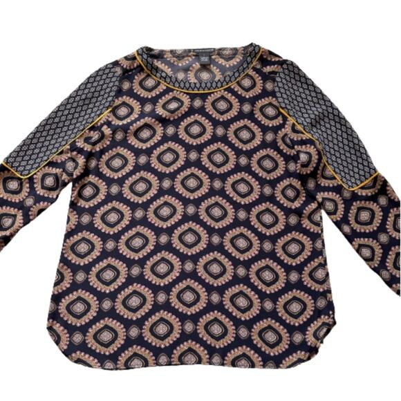 Chelsea & Theodore Blouse Top Navy Medallion Print Boat Neck Long Sleeve Large - Picture 9 of 12